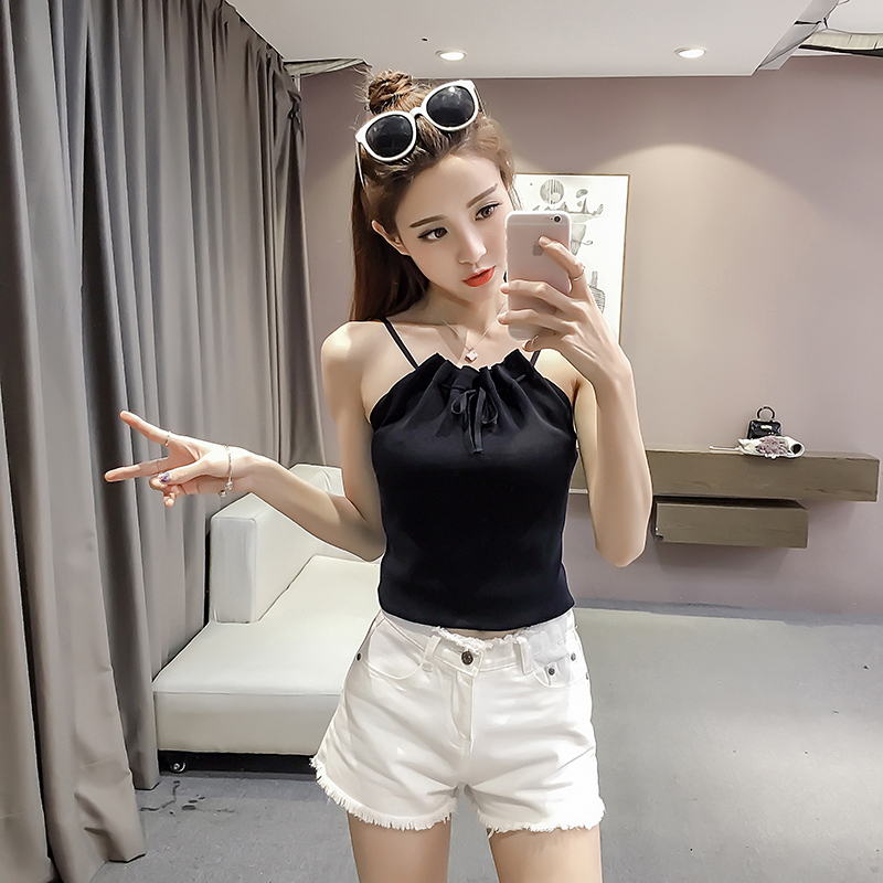 Xuân 2018 mới Hàn Quốc quây gợi cảm Slim đáy áo thun dệt kim hàng đầu dây đeo vest nữ hoang dã áo nữ