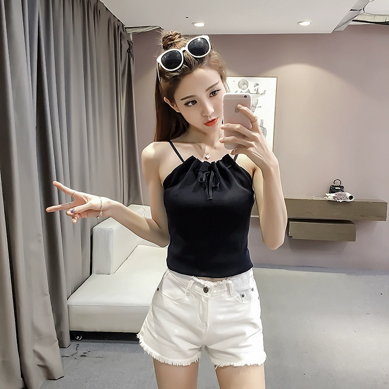 Xuân 2018 mới Hàn Quốc quây gợi cảm Slim đáy áo thun dệt kim hàng đầu dây đeo vest nữ hoang dã áo sơ mi nữ đẹp