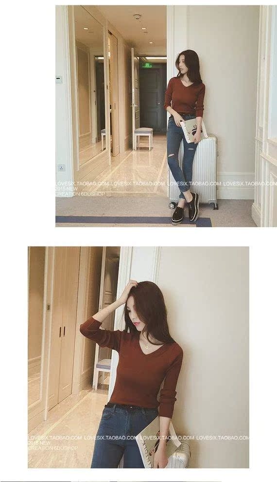 Thu đông mới phiên bản Hàn Quốc của áo len đáy quần áo thun nữ cổ chữ V áo len dài tay Slim áo khoác học sinh ngắn áo len nữ cổ cao