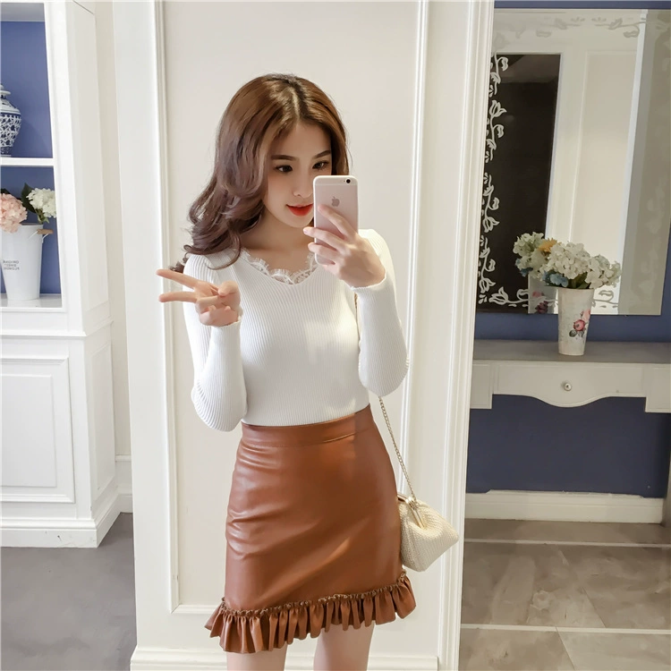 2017 mùa thu mới của Hàn Quốc áo ren cổ chữ V dài tay áo len áo len nữ đáy hoang dã áo khoác len cardigan nữ