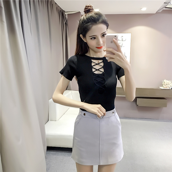 Mùa hè 2017 phiên bản Hàn Quốc mới của những chiếc áo sơ mi tự phối đáy ngắn thời trang gợi cảm khoe ngực trần là áo len mỏng nữ quần áo nữ hàng hiệu
