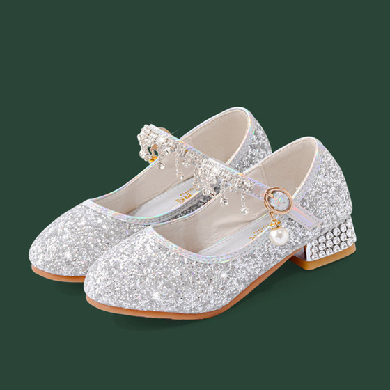 Girls' single shoes, high-heeled leather shoes, Elsa's new sequined pink princess shoes, dance performance children's shoes, small and medium-sized children's crystal shoes