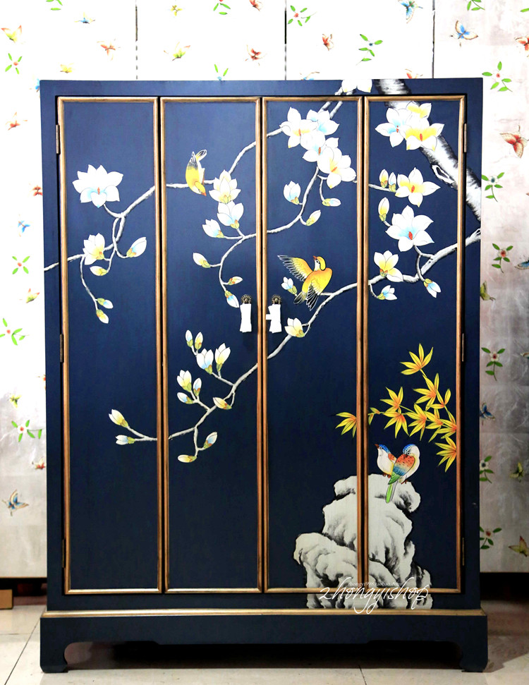 Blue hand-painted Chinese furniture four-door shoe cabinet porch cabinet double-door cabinet hall cabinet decorative cabinet storage cabinet