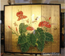 Modern Chinese gold foil screen partition screen six fold screen Chinese style red palm flower screen PF36