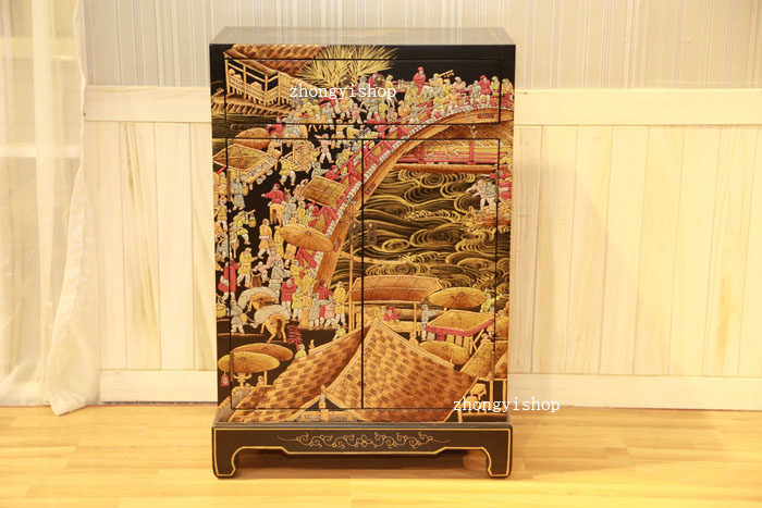 Handdrawn furniture New Chinese classical furniture double door cabinet locker hand-drawn to clear the river map