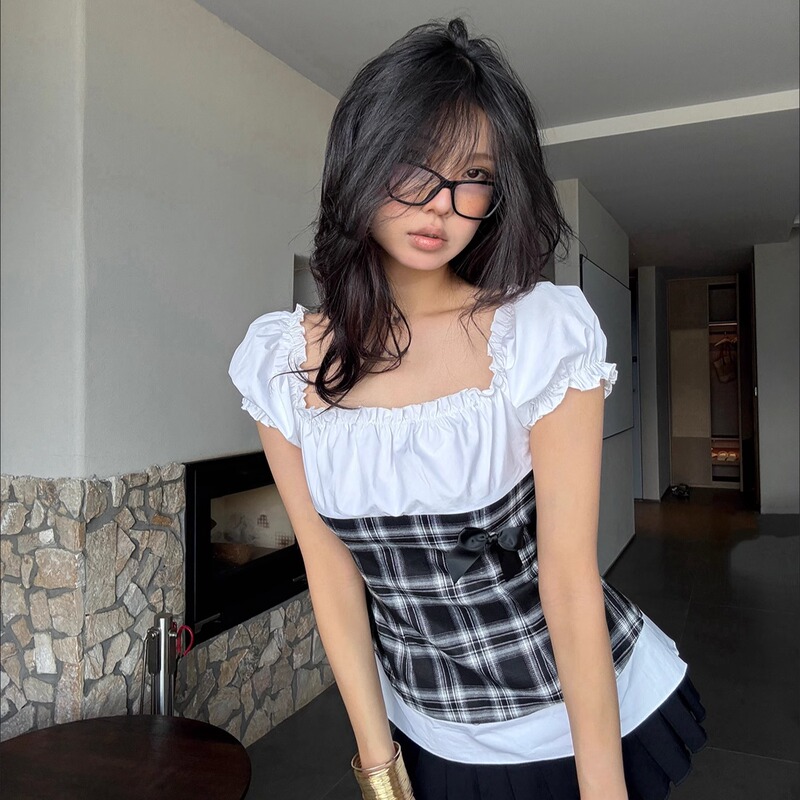 Eatmeplz Original American Country Retro Black and White Plaid Summer Waist-Tie Short-Sleeve Shirt Top