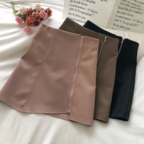 Irregular side zipper A word PU leather skirt womens 2020 autumn and winter Korean version of thin solid color anti-light bag hip skirt