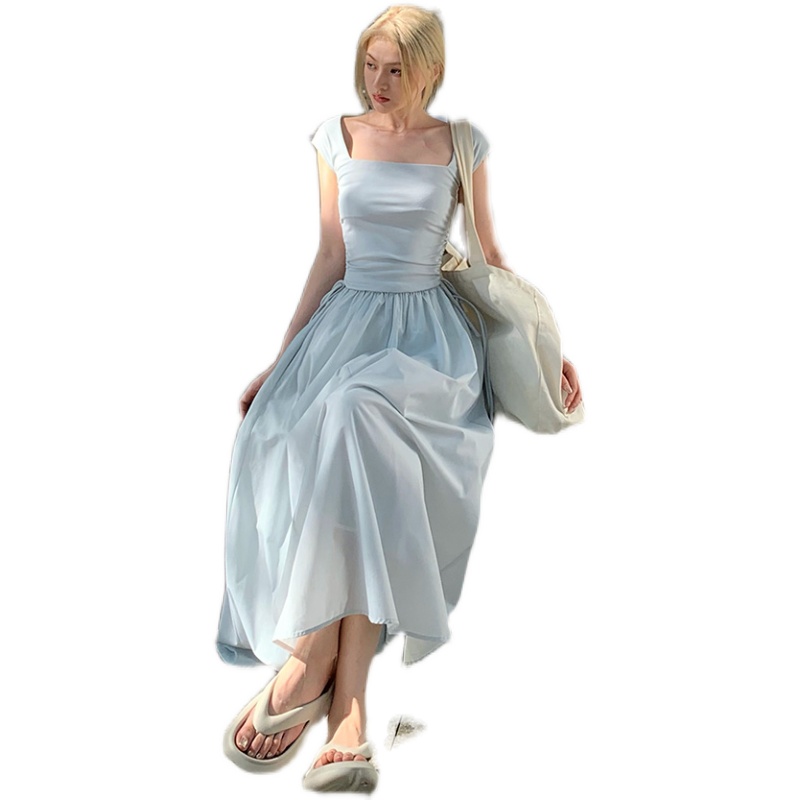 Summer dress, fitted long skirt, square neckline, city style Summer dress, fitted long skirt, square neckline, city style