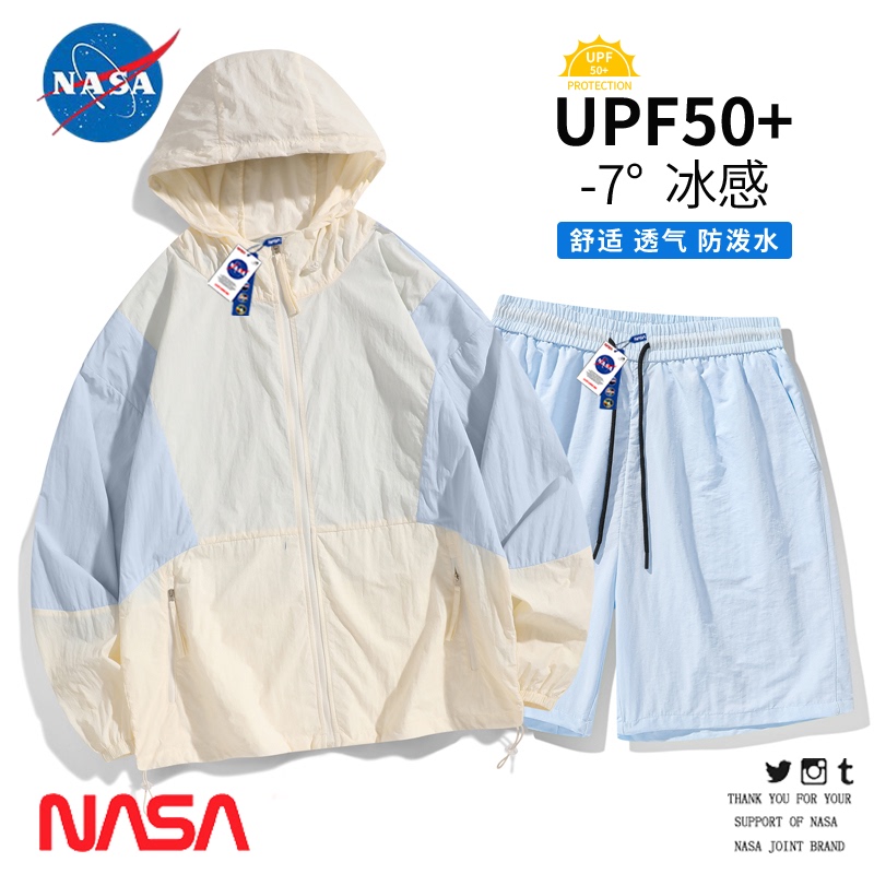 Nasa Co-Branded Japanese-Style Spliced Ice Silk Sun Protection Clothing Set for Men and Women, Summer Couple Casual Sports Shorts Two-Piece Set