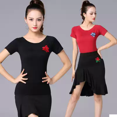 Latin dance clothing female adult top human practice suit embroidered round neck social dance new national standard modern dance short sleeve