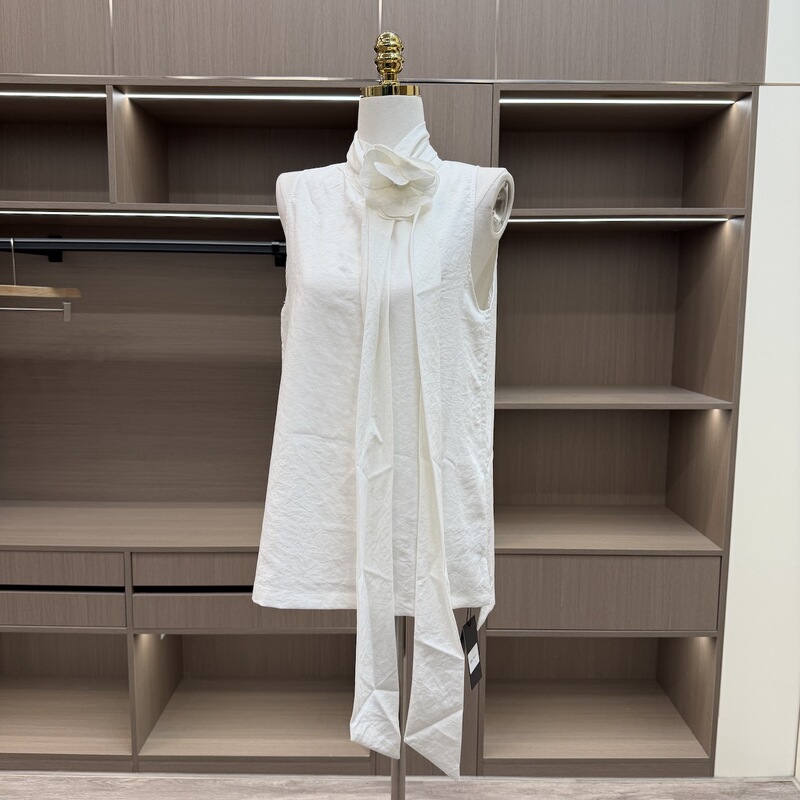 Okmashp Elegant Style White High-Neck Shirt for Women, Spring and Summer Stylish Tie-Up Loose Casual Sleeveless Top