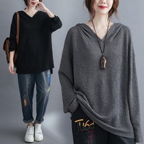 Japan high-end foreign trade export tail single womens autumn clothes large size fat MM loose knit sweater hooded long sleeve base shirt