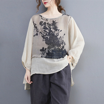 Foreign trade tail brand cut print Ramie shirt womens seven-point sleeve linen shirt loose cotton linen shirt autumn