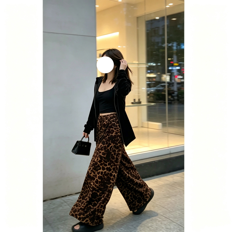 Leopard Print/Butterfly/Gradient｜Mulberry Silk Velvet Leopard Print Balloon Pants High-Waisted, Drapey, Loose, Casual Pants