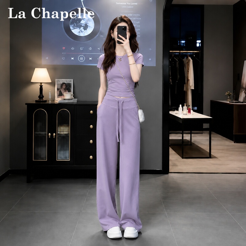 La Chapelle Fashion Casual Sports Suit for Women, Summer 2026 New Style, Elegant Slim-Fit Purple Short-Sleeve Wide-Leg Pants La Chapelle Fashion Casual Sports Suit for Women, Summer 2026 New Style, Elegant Slim-Fit Purple Short-Sleeve Wide-Leg Pants