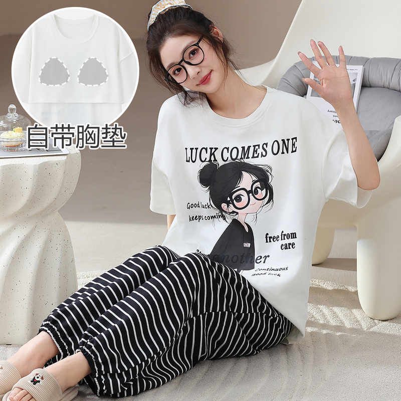 Short-Sleeved Long Pants Pajamas for Women, Summer, with Chest Pads, Cuffed Ankles, Lantern Pants, Pure Cotton, Cartoon, Can Be Worn Outside, Loungewear Set