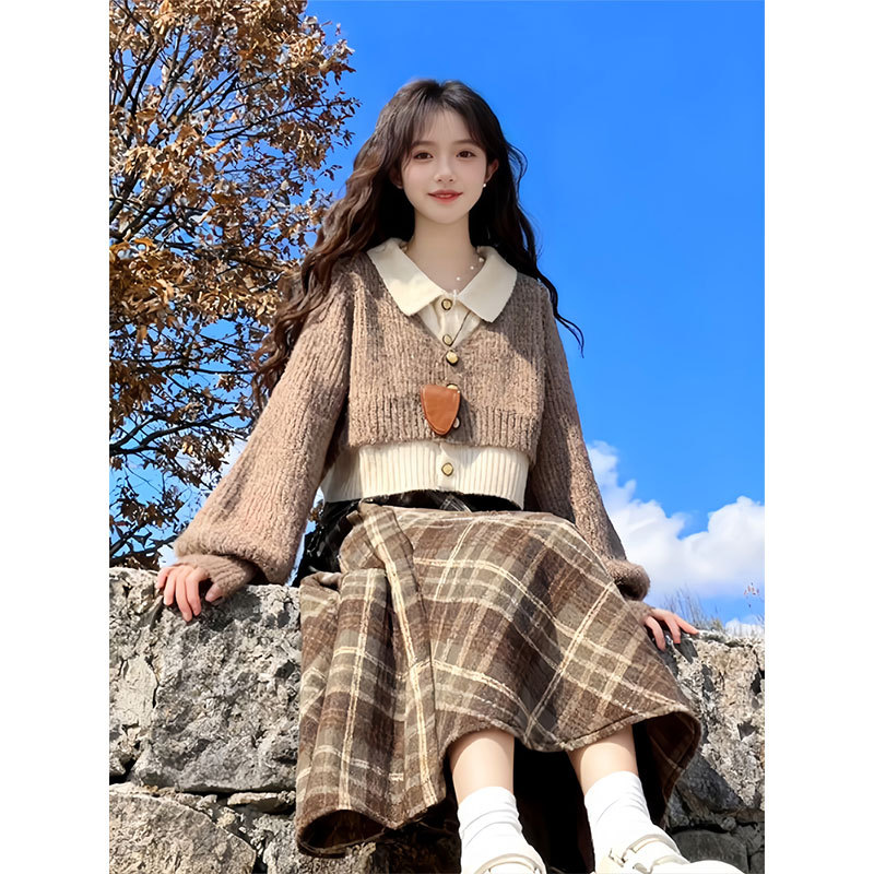 Trendy French Preppy Style Sweet Fake Two-Piece Knitted Sweater Cardigan Women's Plaid Skirt Autumn and Winter Two-Piece Set Trendy French Preppy Style Sweet Fake Two-Piece Knitted Sweater Cardigan Women's Plaid Skirt Autumn and Winter Two-Piece Set