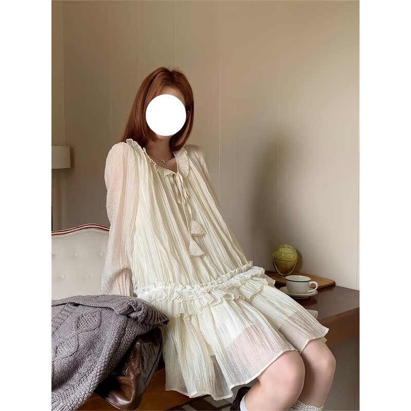 Petite Vintage Textured Pleated Ruffle Long-Sleeve Dress for Women, New Spring and Autumn Style, Elegant, Age-Reducing, Slimming Dress