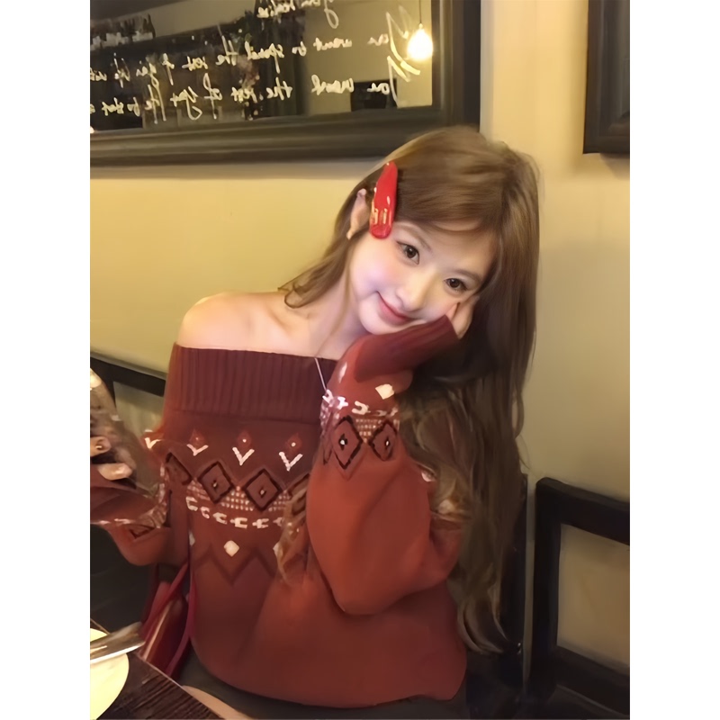 Red Fair Isle Sexy Off-Shoulder Christmas Knit Sweater Top for Women, Winter New Year Atmosphere Long-Sleeve Sweater