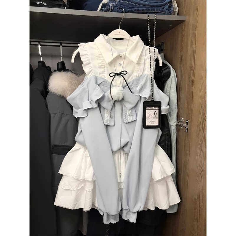 Sweet and Slimming Suit Skirt for Petite Women, New Autumn and Winter Style, Bow-Knot Off-Shoulder Patchwork Sweater and Short Skirt Two-Piece Set