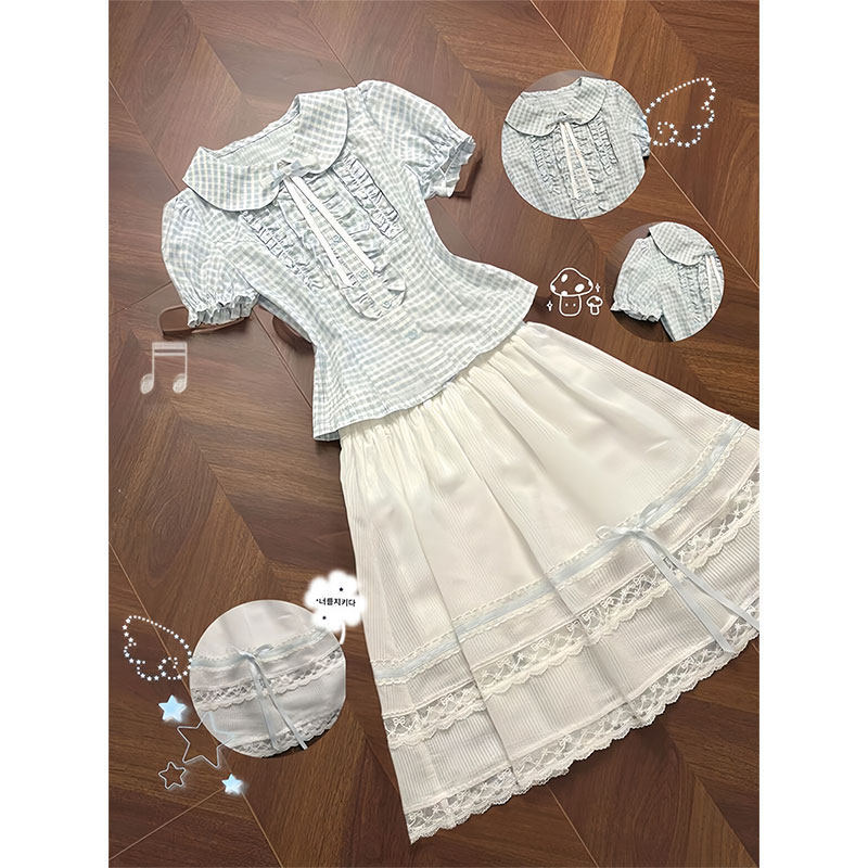Trendy Japanese Sweet and Fresh College Style Niche Ruffled Puff Sleeve Top and Age-Reducing Skirt Two-Piece Set for Women Trendy Japanese Sweet and Fresh College Style Niche Ruffled Puff Sleeve Top and Age-Reducing Skirt Two-Piece Set for Women