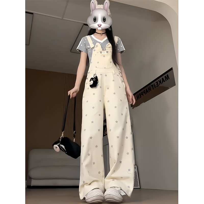 New Soft and Cute College-Style Star Apricot-Colored Loose Overalls Paired with a Polka-Dot Short-Sleeve T-Shirt Two-Piece Set New Soft and Cute College-Style Star Apricot-Colored Loose Overalls Paired with a Polka-Dot Short-Sleeve T-Shirt Two-Piece Set