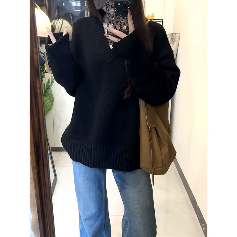 Trendy Brand Lazy Style Japanese Loose Versatile Commuter Sweater for Women 2026 New V-Neck Black Pullover Knitwear Trendy Brand Lazy Style Japanese Loose Versatile Commuter Sweater for Women 2026 New V-Neck Black Pullover Knitwear