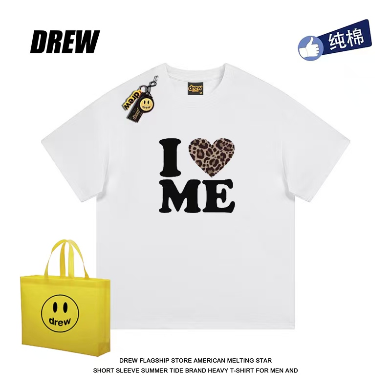 Drew Design-Inspired Short-Sleeved T-Shirt with Leopard Print and Heart Print for Men and Women, Retro Trendy Street Tops, Loose Fit for Couples, Ins Style