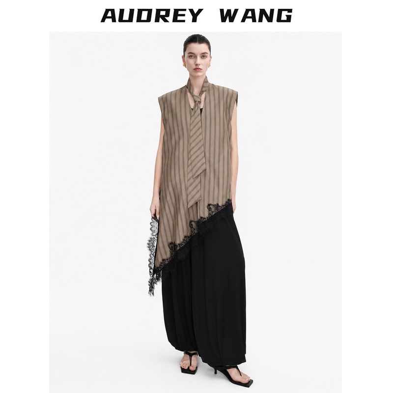 Audrey Wang French Retro Stripesd Ribbon Sleeveless Vest for Women with Asymmetrical Hem and Lace Splicing Top Audrey Wang French Retro Stripesd Ribbon Sleeveless Vest for Women with Asymmetrical Hem and Lace Splicing Top