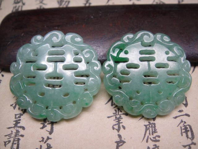 (Folk) Ancient Jade old Jade return double-sided double-happy wire drawing work jade earrings