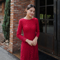 Monica red Korean retro lace fishtail dress dinner Annual Meeting dress toast