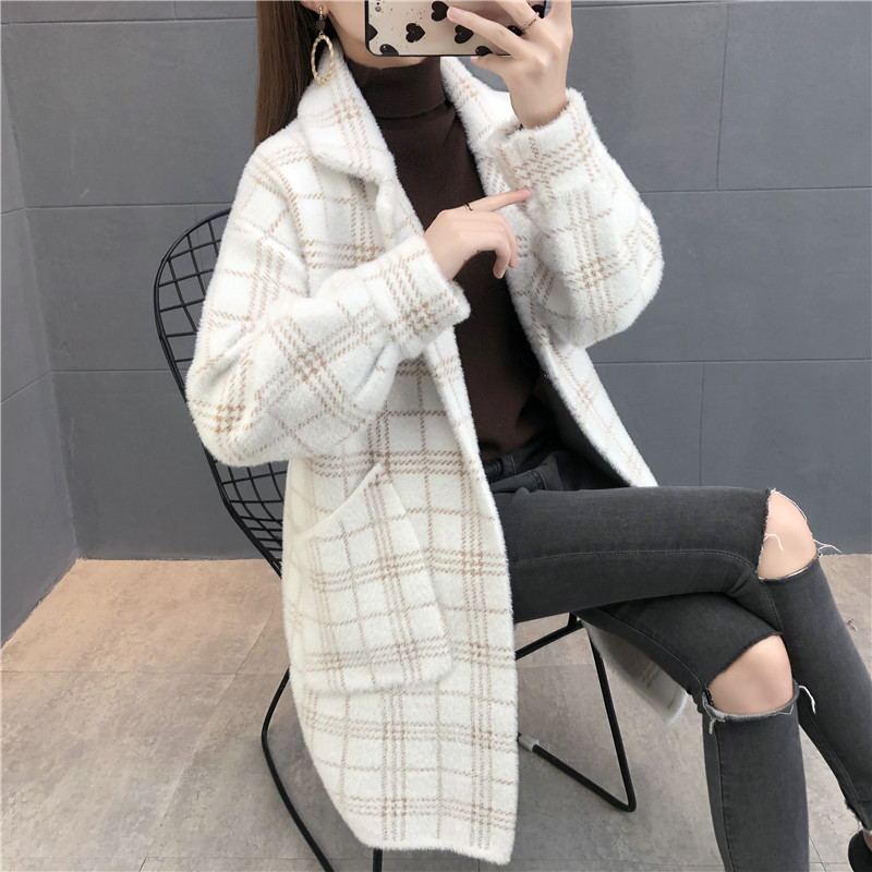 Waterproof Mink Coat for Women, Mid-Length Jacket, New Spring, Autumn and Winter Korean Style Loose and Versatile Plaid Knitwear for Trendy Women