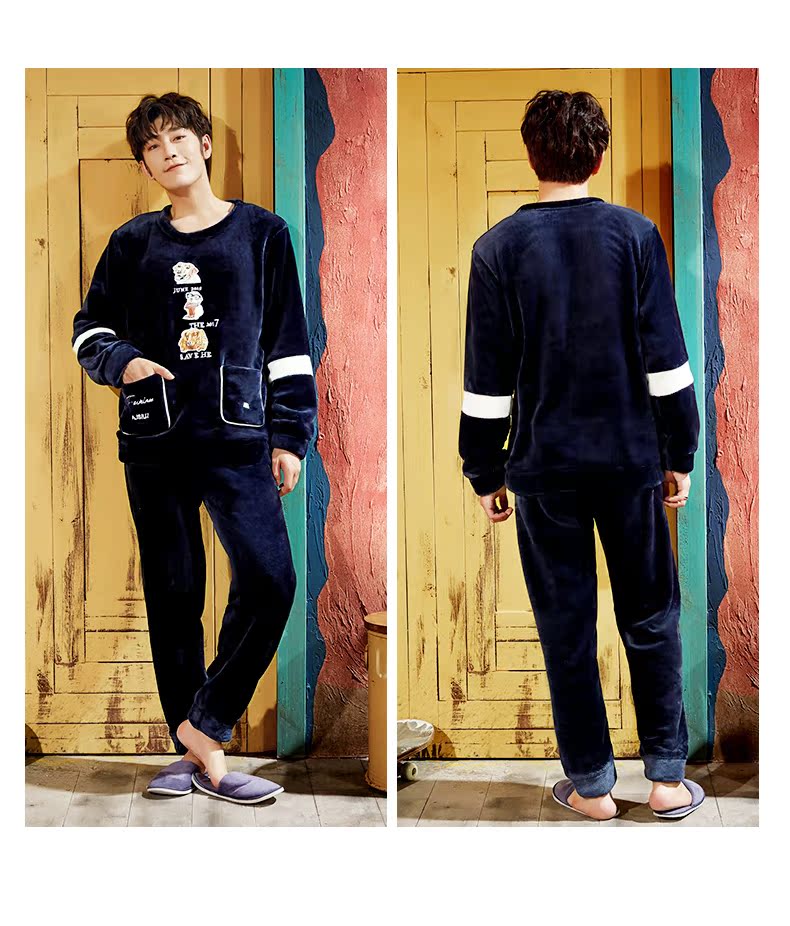 Gongdie mùa thu và mùa đông flannel phiên bản Hàn Quốc của những người đàn ông ấm áp dày nam và nữ dài tay bộ đồ ngủ nhung san hô đồ mặc nhà cao cấp