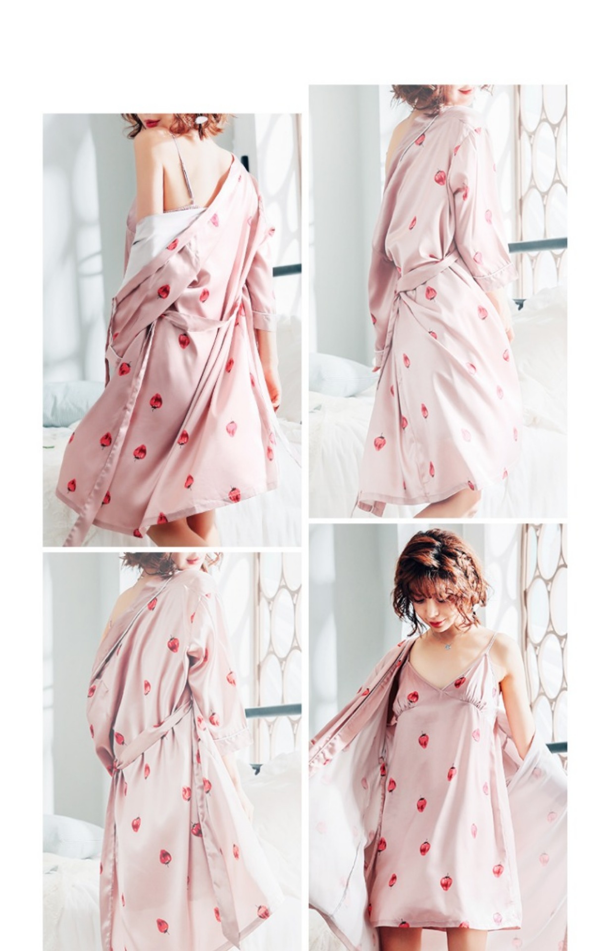 Gongdie Bộ đồ ngủ mùa xuân và mùa thu dâu tây Phụ nữ Ice Silk đồ lót đẹp
