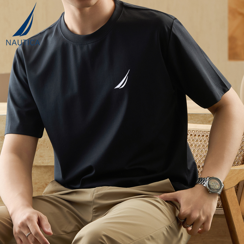 Nautica/Notica Summer New Casual Slightly Stretchy Cotton Round Neck Loose Large Size Top Short-Sleeved T-Shirt for Men