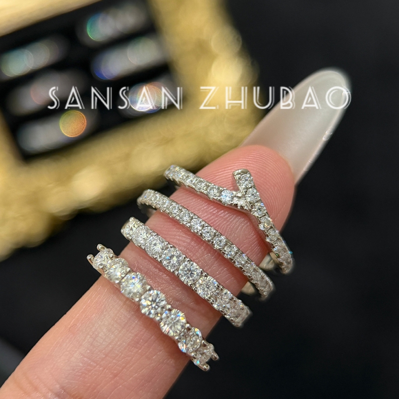 High-Quality //D Color Moissanite New Versatile Diamond-Studded Small Ring Stackable V-Shaped Ring 925 Sterling Silver Plated with 18K White Gold