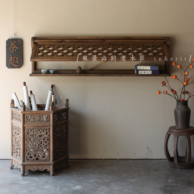 Chinese-Style Ornamental Flower-Shaped Upturned Window, Antique-Style Distressed Window with Removable Panels, Vintage Carved Window Hanging Decoration, Dongyang Wood Carving