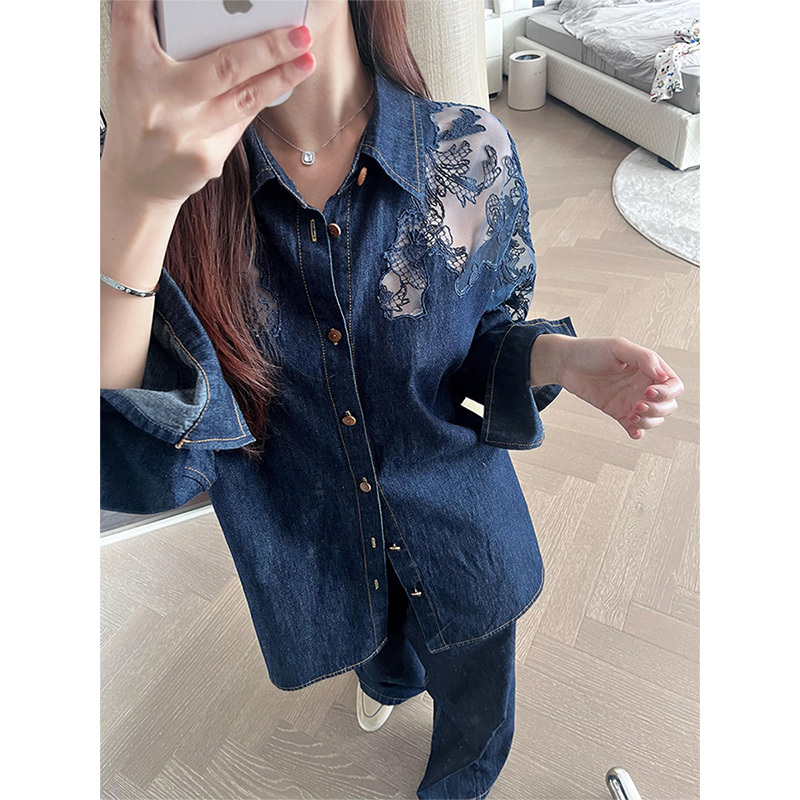 Gardenia Unique Design Hollow Lace Patchwork Denim Shirt for Women, Fashionable Loose Slimming Top Trend