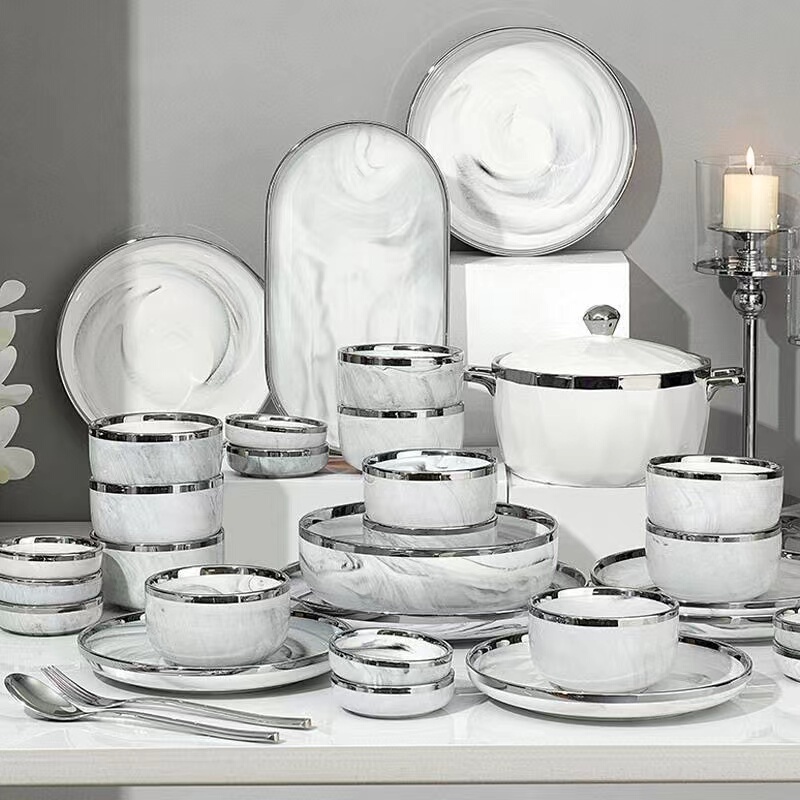 2025 New Ceramic Tableware with Silver Rim and Marble Pattern, Household Rice Bowls, Plates, Dishes, Chopsticks Set, Bowl and Plate Set