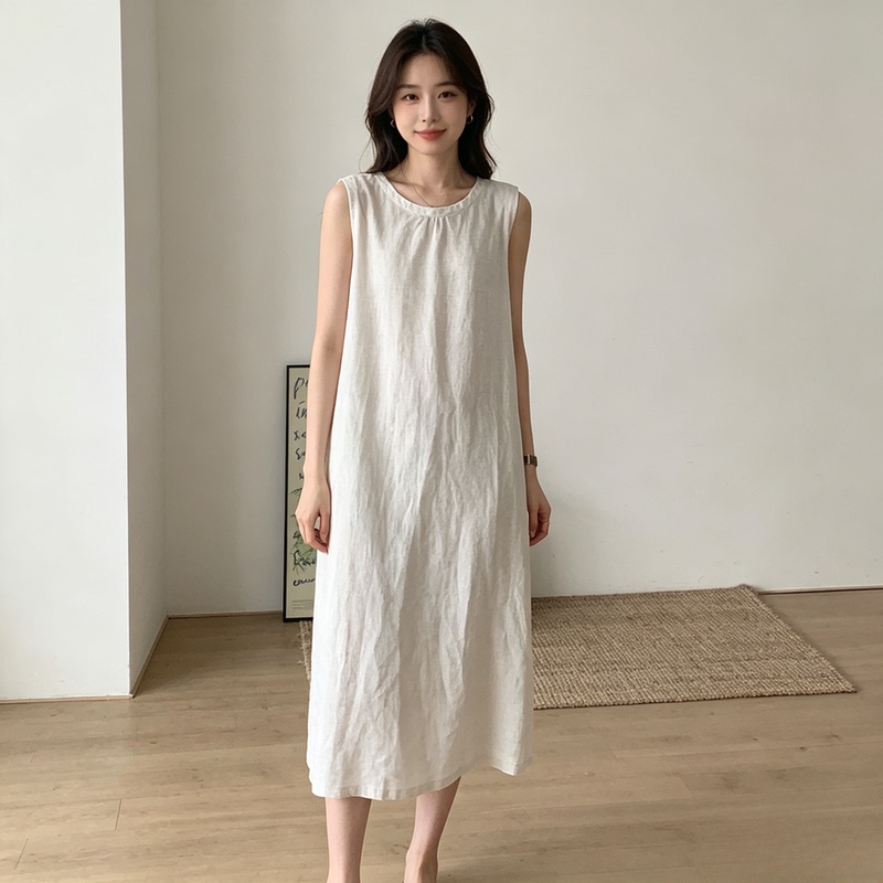 Old Money Style Linen Solid Color Breathable Sleeveless Dress for Women, Summer Chic Loose Slimming French Mid-Length Dress