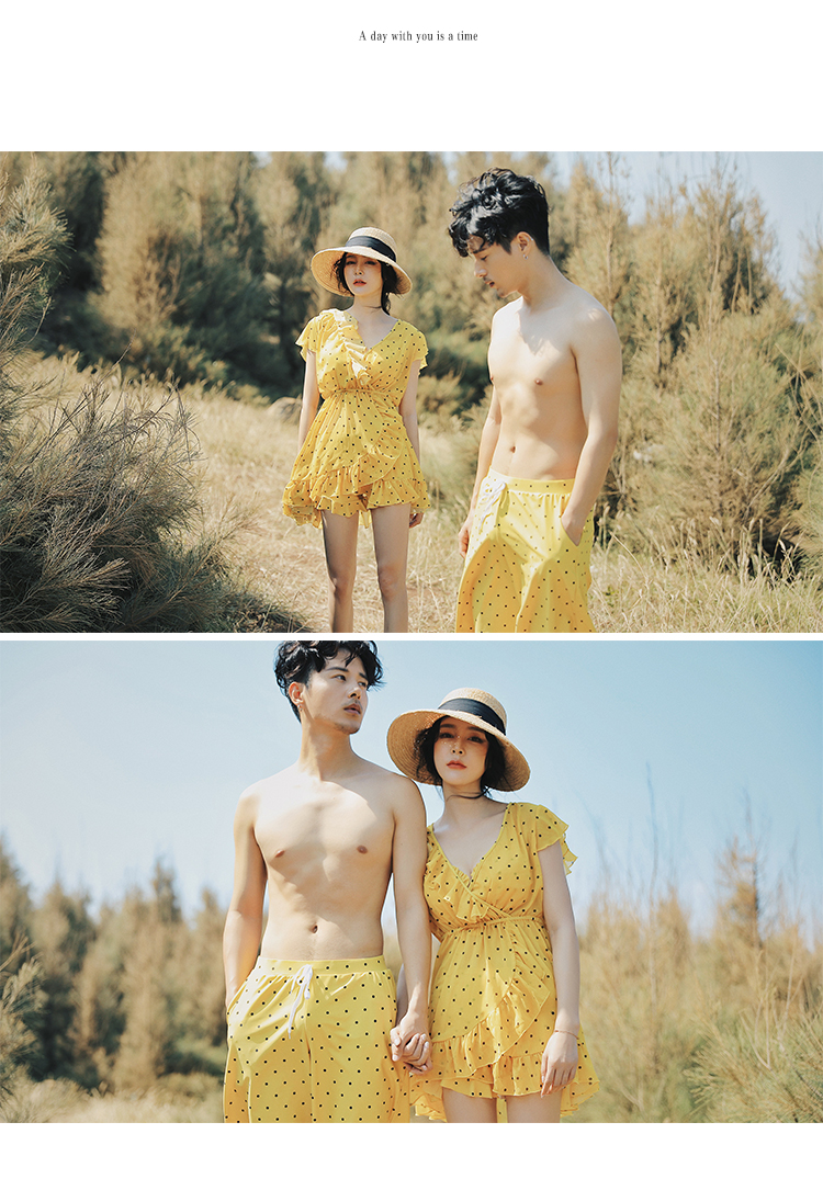 2019 cặp đôi mới bơi đồ bơi bikini ba mảnh nhỏ màu vàng tươi kỳ nghỉ spa nhỏ ngực áo tắm nữ - Vài đồ bơi đồ biển cặp	