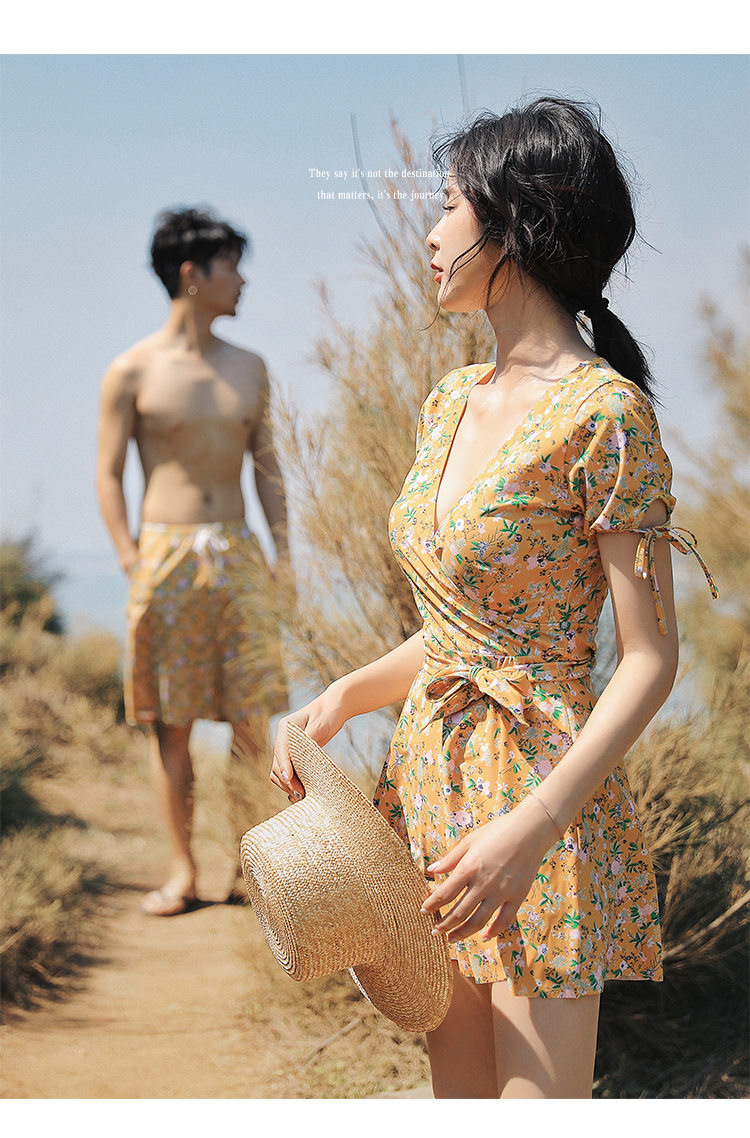 Cặp đôi ngọt ngào đồ bơi một mảnh kiểu váy phẳng che bụng tấm thép mỏng tụ tập nữ áo tắm nam thoải mái đi biển - Vài đồ bơi đồ biển cặp	