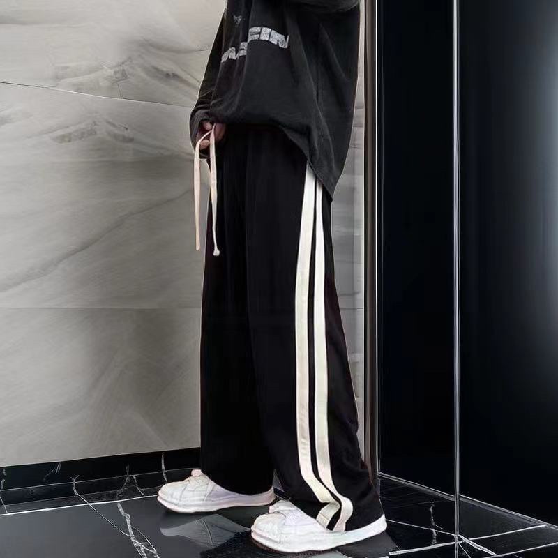 Men's Sports Pants for Spring and Autumn, Hong Kong Style Trendy Versatile Straight-Leg Pants, Trendy Student Side-Striped Wide-Leg Long Pants