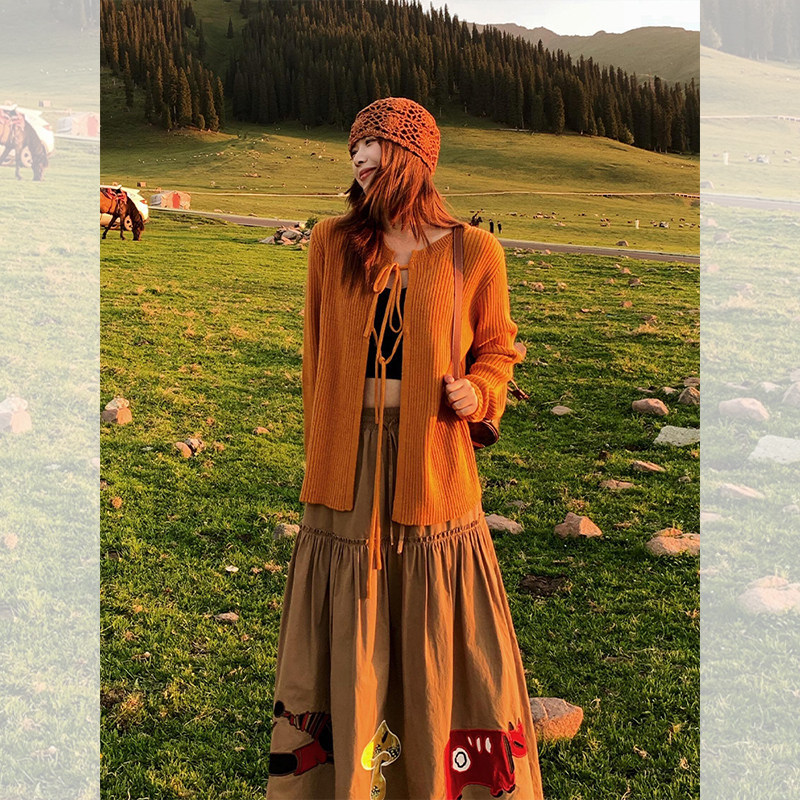 Lazy Style Korean-Style Orange Lace-Up Knitted Cardigan Jacket for Women, Early Autumn Trendy Outfit, Super Stylish Top