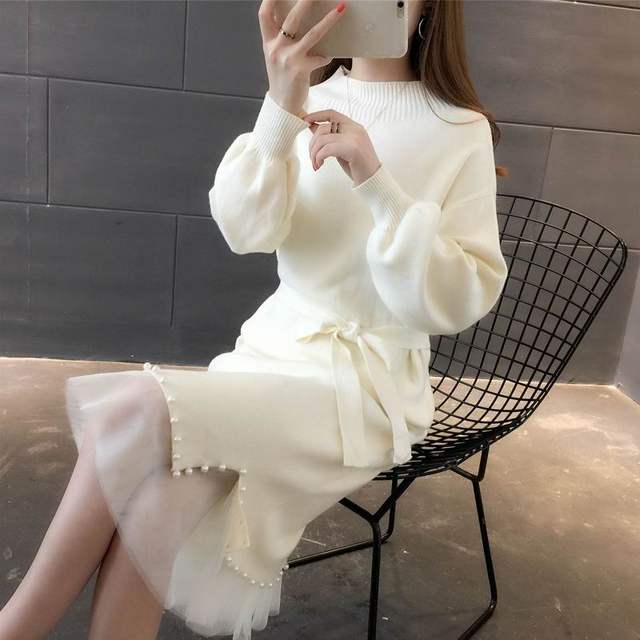 Autumn and winter women's solid color long half high neck beaded knitted sweater dress over the knee mesh stitching belt bottoming skirt