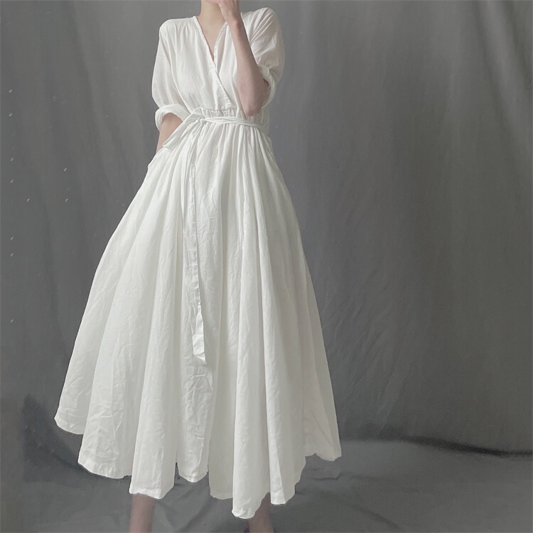 Japanese-Style Foreign Trade New Dark Style Diagonal V-Neck Linen Long Dress for Women, Over-The-Knee, Waist-Cinching, Tie-Up, Large Hem Cotton-Linen Dress