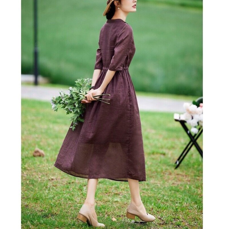 Bargain~ Cotton and Linen Dress for Women, Summer Half-Sleeve, Plus Size, Loose Fit, Waist-Cinching, Short-Sleeve, Solid Color Linen Shirt Dress