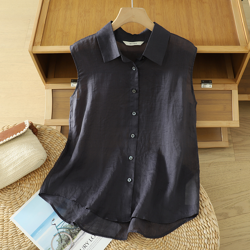 French-Style Vintage Linen Sleeveless Shirt for Women, Summer Simple Versatile Loose Casual Single-Breasted Cotton-Linen Vest Top