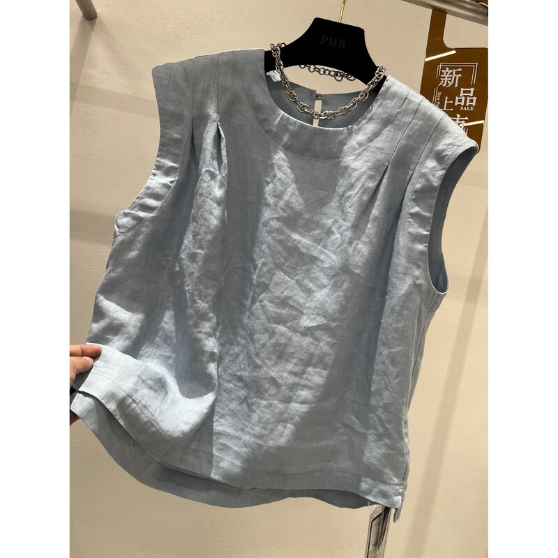 Foreign Trade Linen Sleeveless Shirt Vest for Women, Summer Forest Style Niche Design Pleated Round Neck Cotton-Linen Vest Top