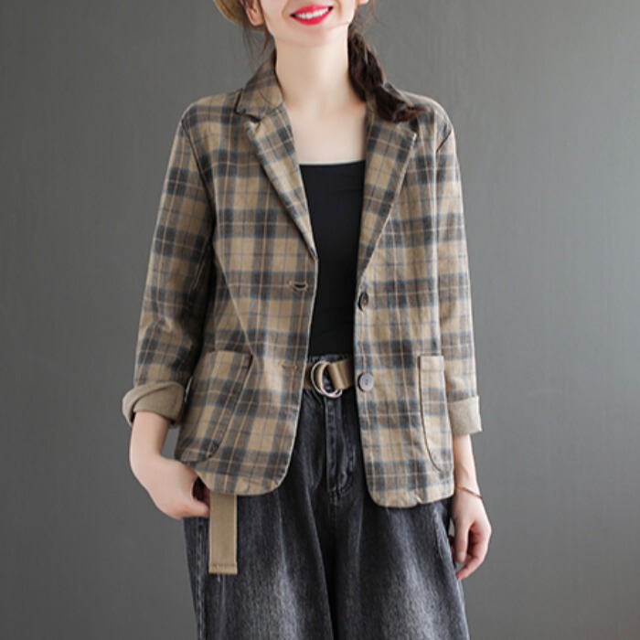 Clearance Sale, Export Surplus, New Spring/Autumn Vintage Design Casual Cotton Women's Jacket, Plaid Blazer